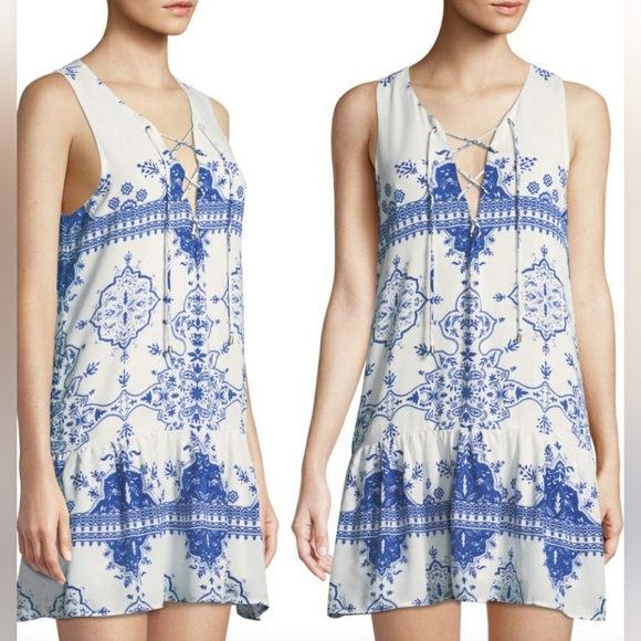 Lovers + Friends Blue & White Temple Mini Dress, Size L - Picture 2 of 16